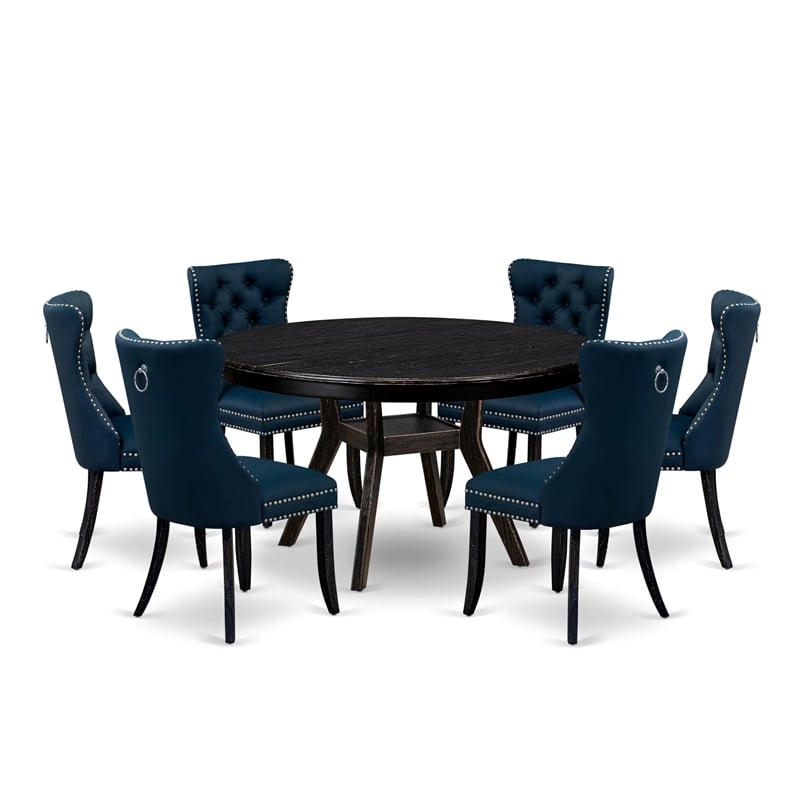 Pemberly Row 7-Piece Round Dining Set with Black Finish and Navy Blue Chairs