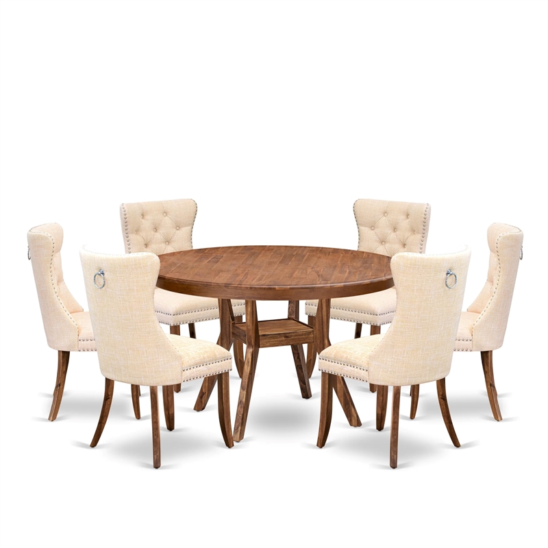 Pemberly Row 7-Piece Dining Table Set in Walnut Finish with Beige Linen Chairs