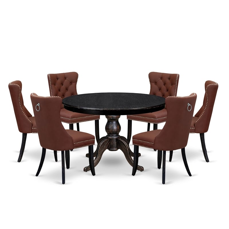 Pemberly Row 7-Piece Round Dining Set in Black with Burgundy Chairs