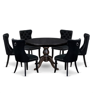 Pemberly Row 7-Piece Round Dining Set in Black Finish with Upholstered Chairs