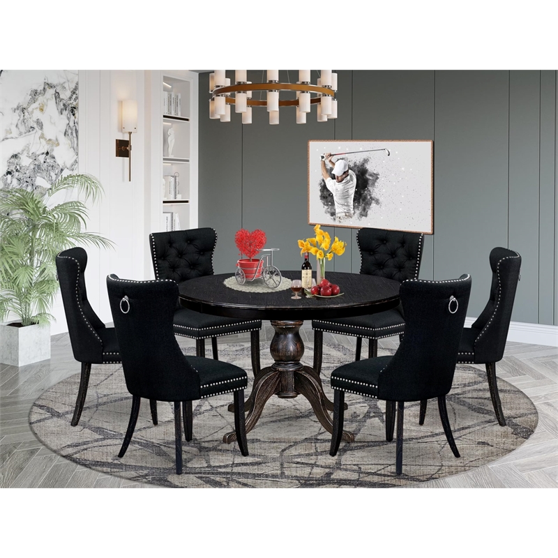 Pemberly Row 7-Piece Round Dining Set in Black Finish with Upholstered Chairs