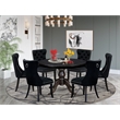 Pemberly Row 7-Piece Round Dining Set in Black Finish with Upholstered Chairs