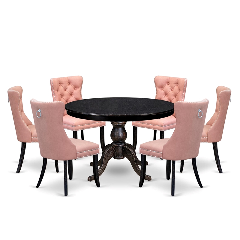 Pemberly Row 7-Piece Round Dining Set in Sand Blasted Black Finish