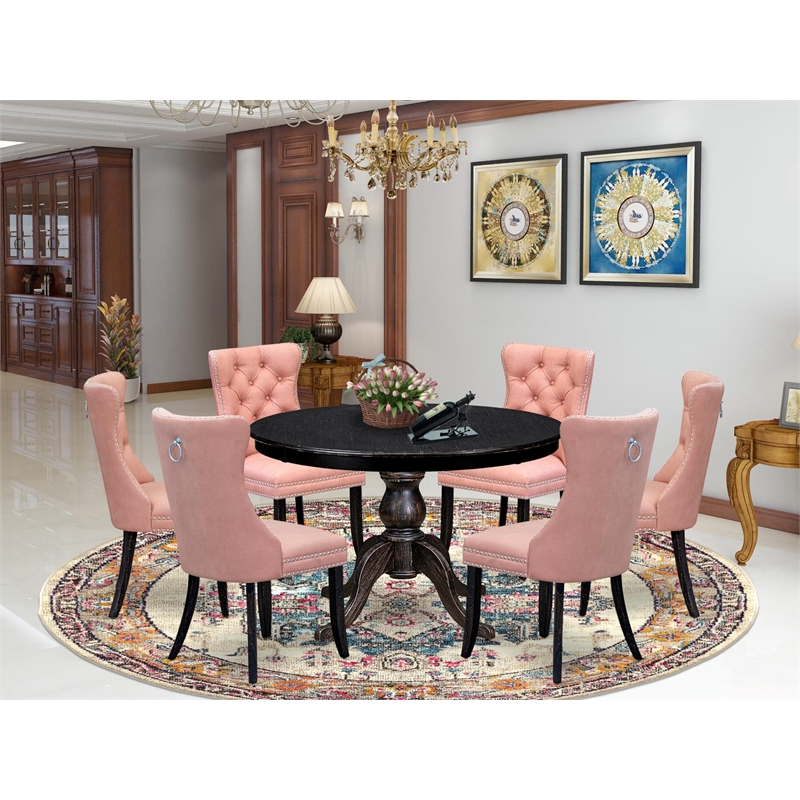 Pemberly Row 7-Piece Round Dining Set in Sand Blasted Black Finish