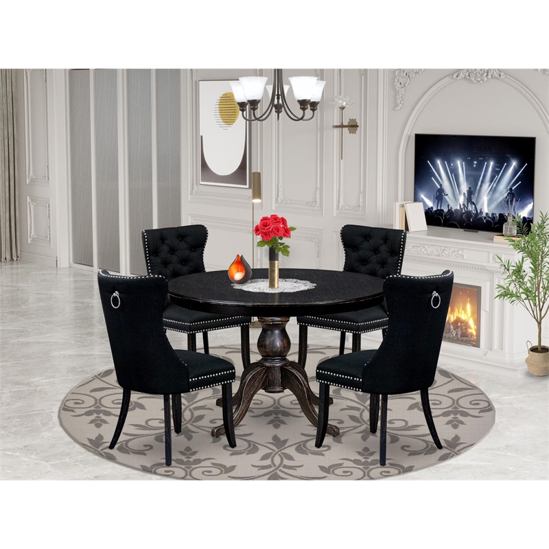 Pemberly Row 5 Piece Round Dining Table Set in Sand-Blasted Black Finish