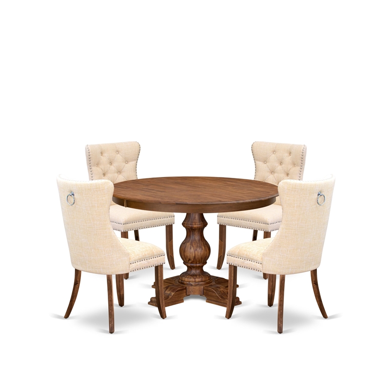 Pemberly Row 5-Piece Dining Room Set with Walnut Table and Beige Linen Chairs