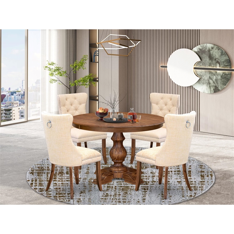 Pemberly Row 5-Piece Dining Room Set with Walnut Table and Beige Linen Chairs