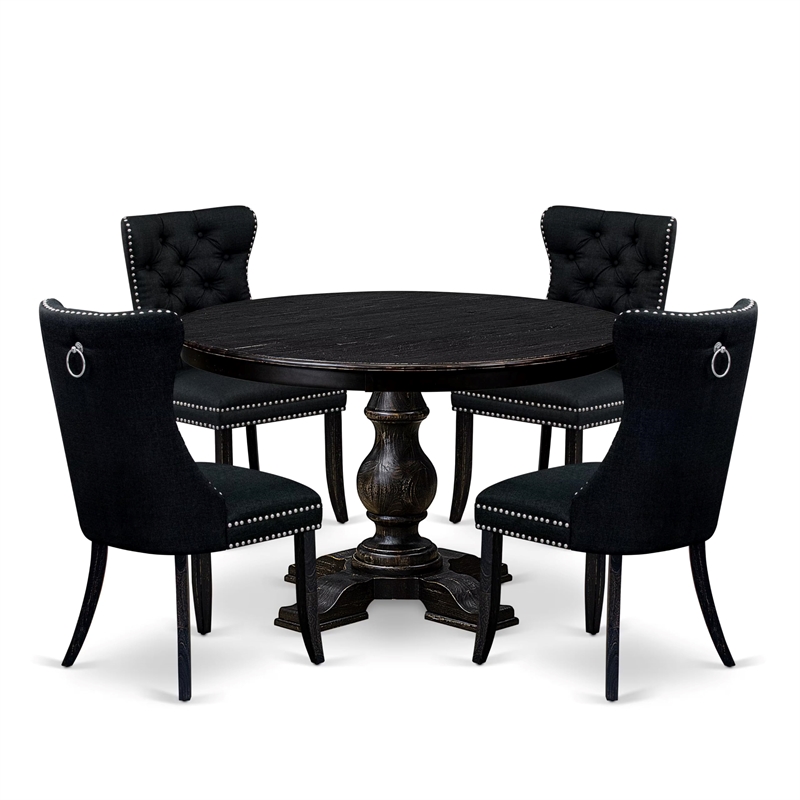 Pemberly Row 5 Pc Round Dining Set with Black Finish Faux Linen Chairs