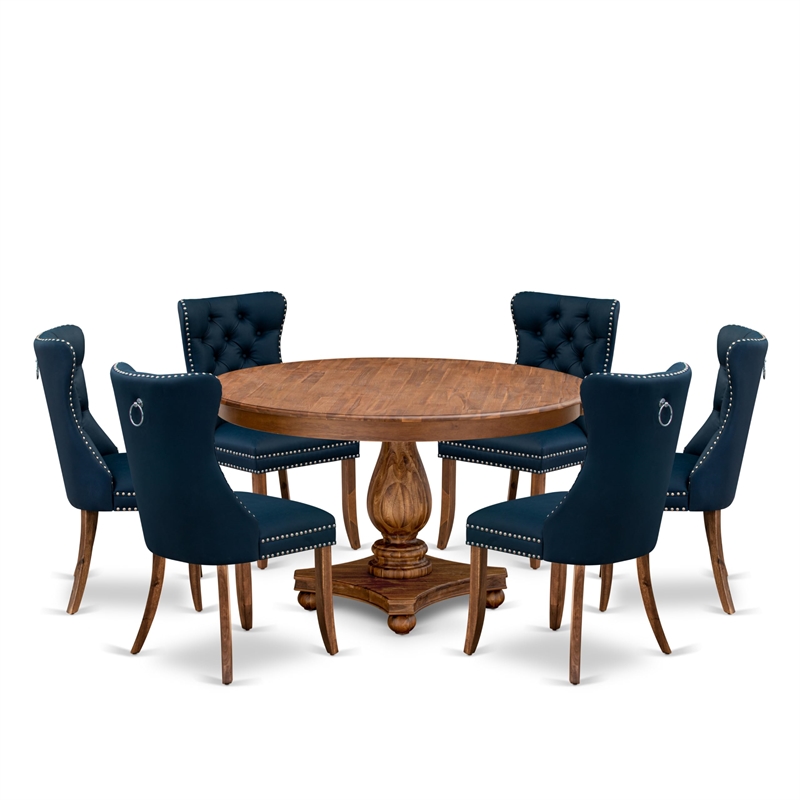 Pemberly Row 7-Piece Walnut Dining Set with Faux Leather Navy Chairs