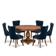 Pemberly Row 7-Piece Walnut Dining Set with Faux Leather Navy Chairs