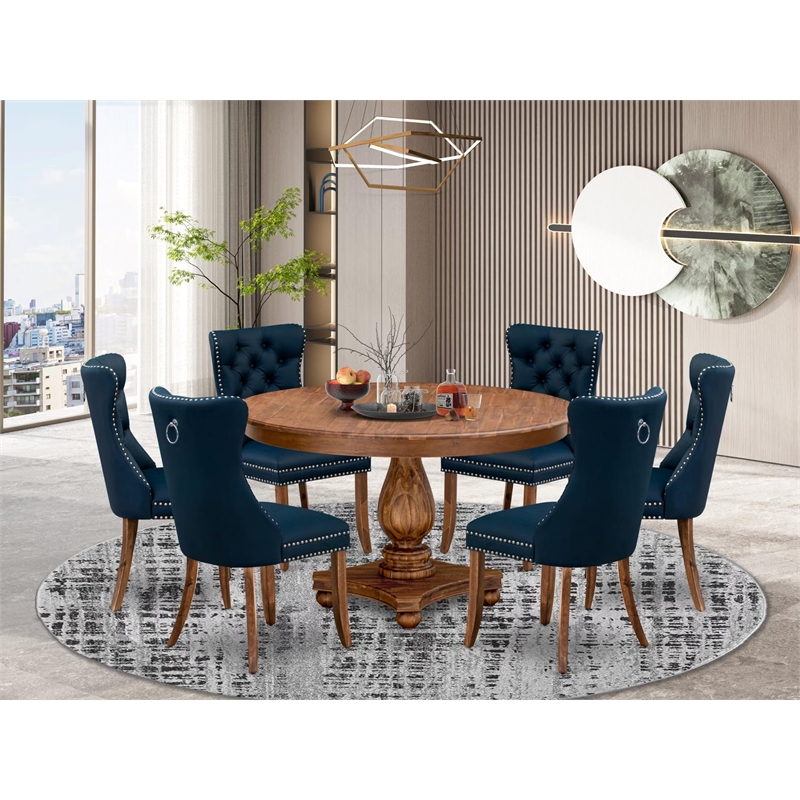 Pemberly Row 7-Piece Walnut Dining Set with Faux Leather Navy Chairs