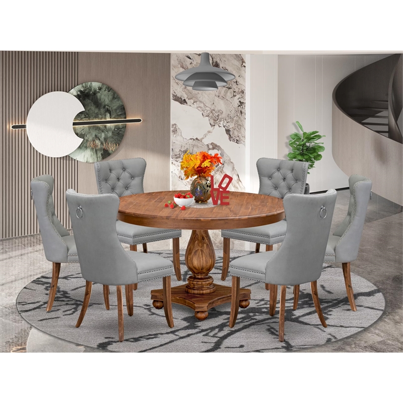 Pemberly Row 7-Piece Dining Set with Walnut Wood Table and Faux Leather Chairs