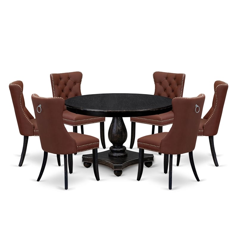 Pemberly Row 7-Piece Round Pedestal Dining Set in Black Wood Finish