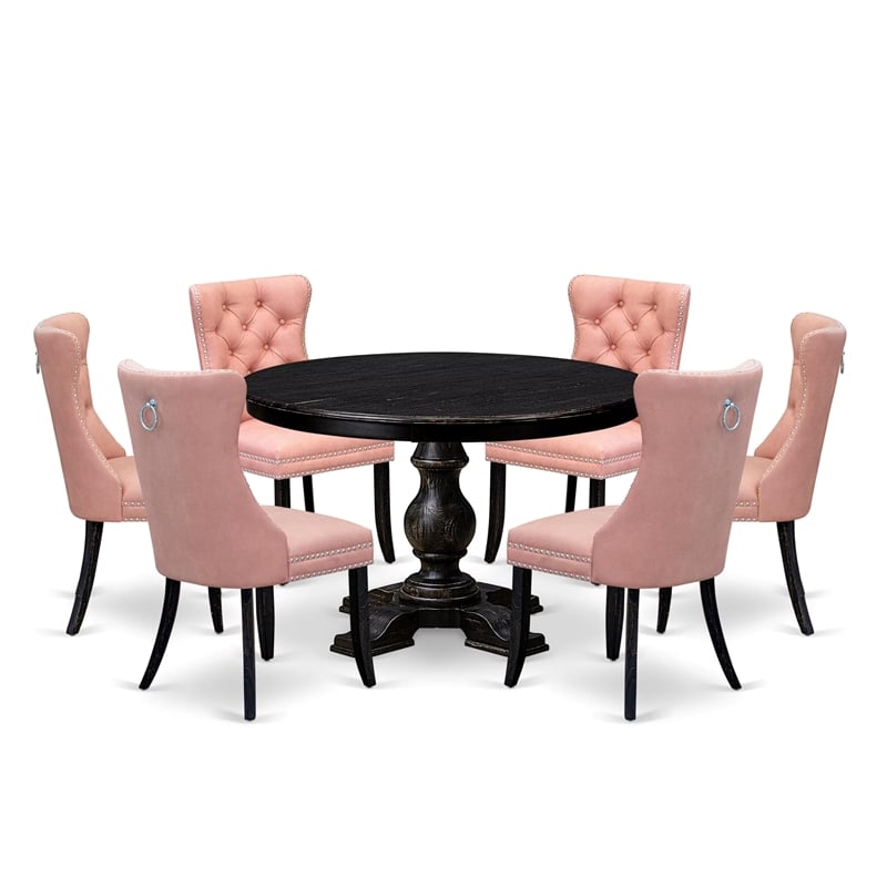 Pemberly Row 7-Piece Round Wood Dining Set in Black Finish