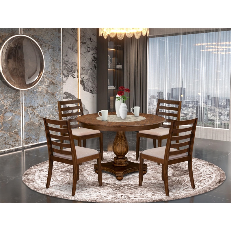 Pemberly Row 5-Piece Dining Table Set in Walnut with Linen Chairs