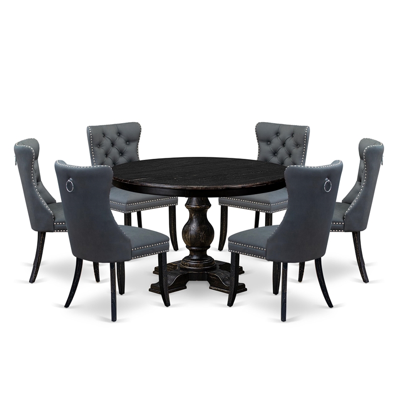 Pemberly Row 7-Piece Dining Table Set in Black Finish with Faux Leather