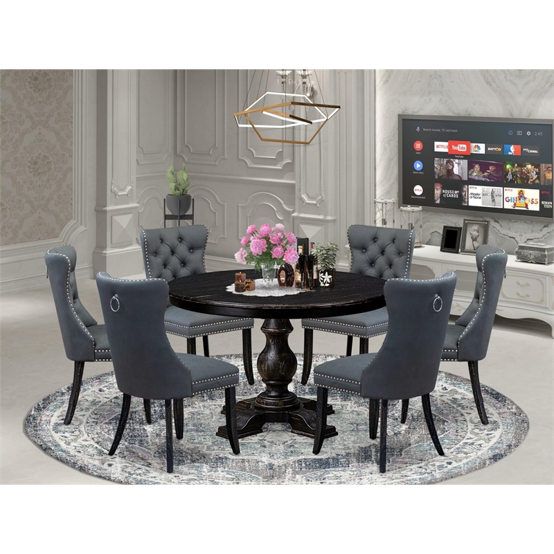 Pemberly Row 7-Piece Dining Table Set in Black Finish with Faux Leather