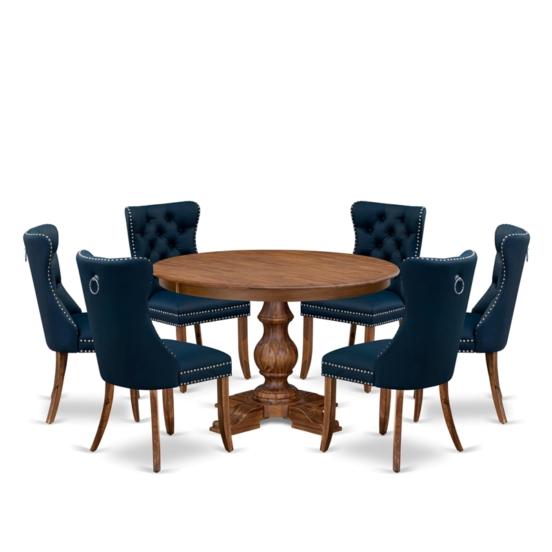 Pemberly Row 7-Piece Dining Table Set with Walnut Finish and Faux Leather
