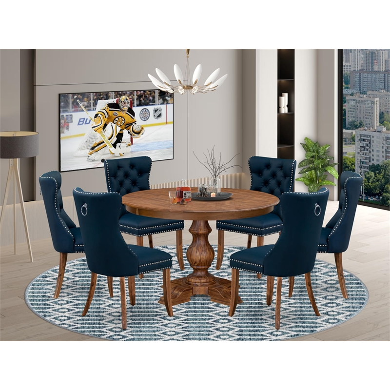 Pemberly Row 7-Piece Dining Table Set with Walnut Finish and Faux Leather