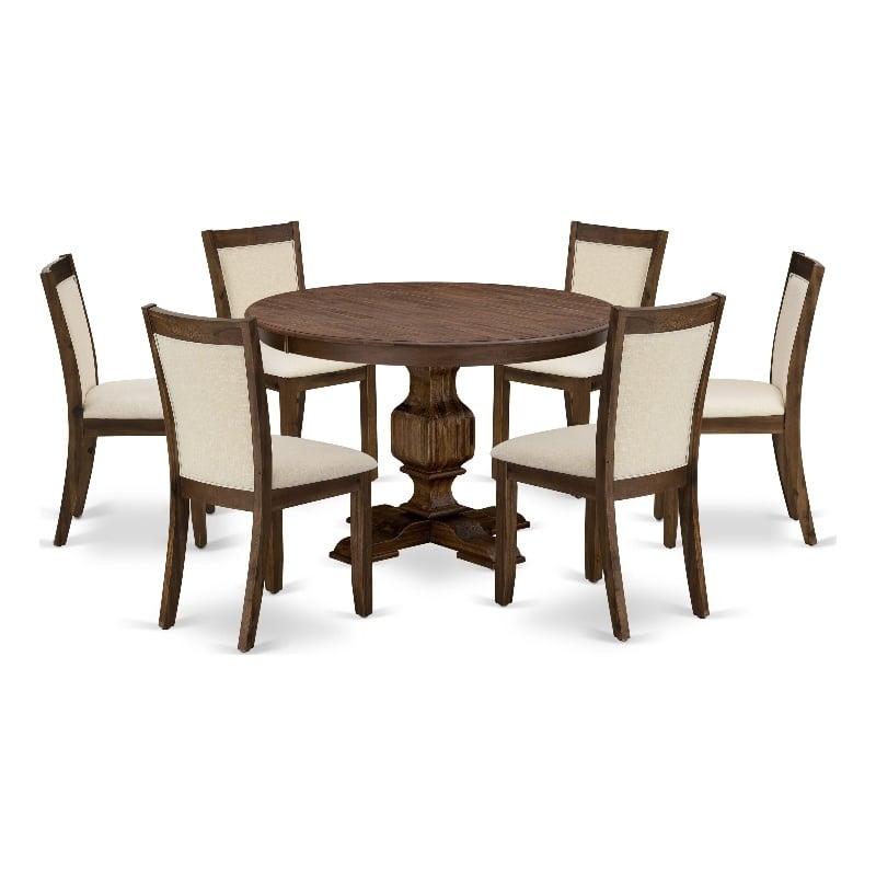 Pemberly Row 7PC Dining Set with Round Walnut Table and Beige Chairs