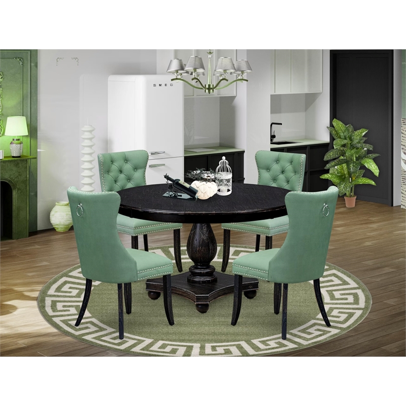Pemberly Row 5 Piece Round Wood Dining Set in Sand-Blasted Black Finish