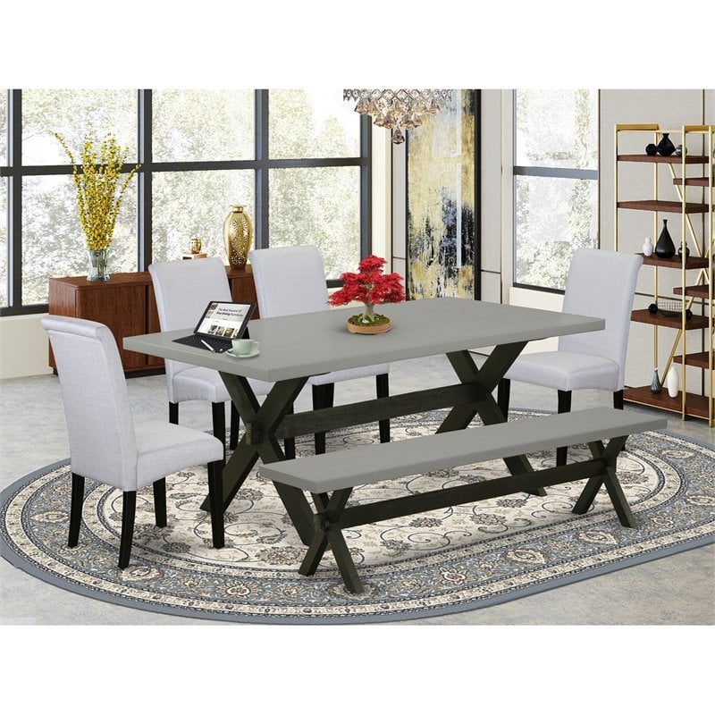 Pemberly Row 6-Piece Dining Set with Bench in Rubberwood Gray/Cement