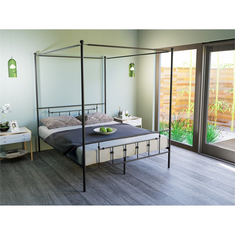 Pemberly Row Traditional Metal Queen Canopy Bed Frame in Black