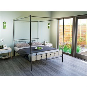 Pemberly Row Traditional Metal Queen Canopy Bed Frame in Black