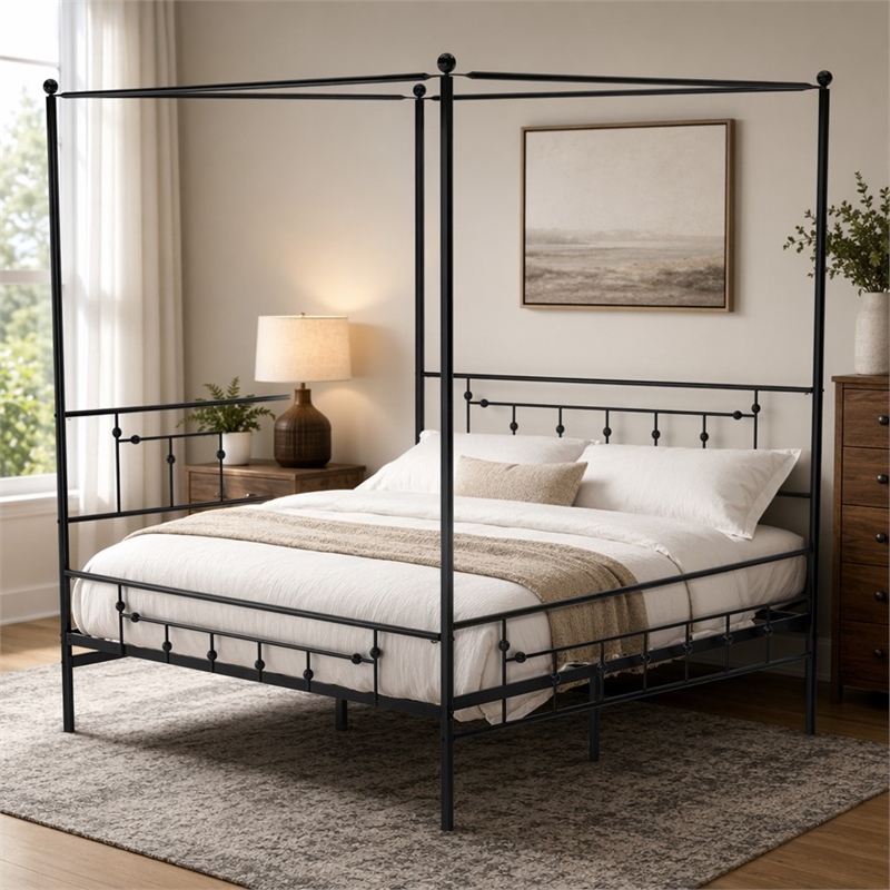 Pemberly Row Traditional Metal Queen Canopy Bed Frame in Black