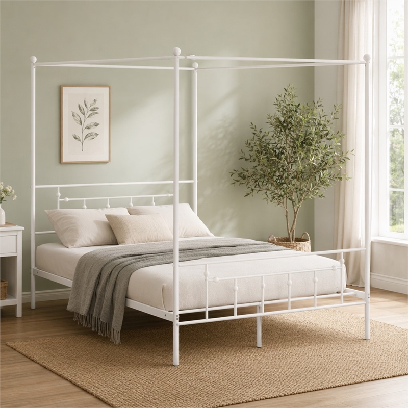 Pemberly Row Traditional Metal Queen Canopy Bed Frame in White