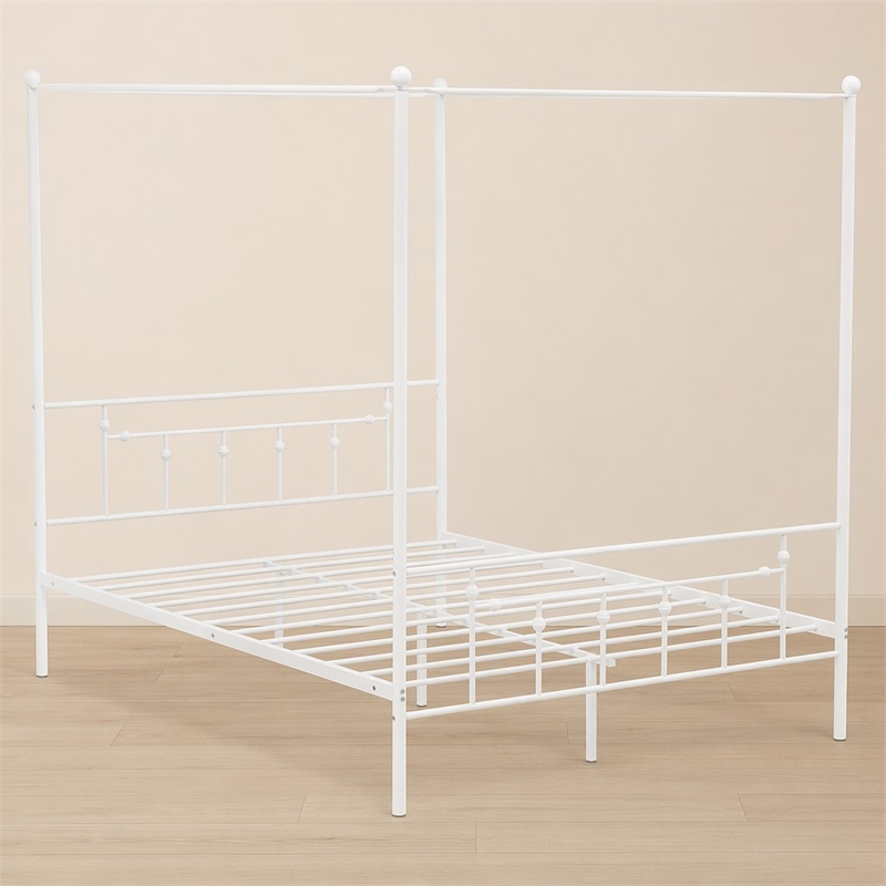 Pemberly Row Traditional Metal Queen Canopy Bed Frame in White