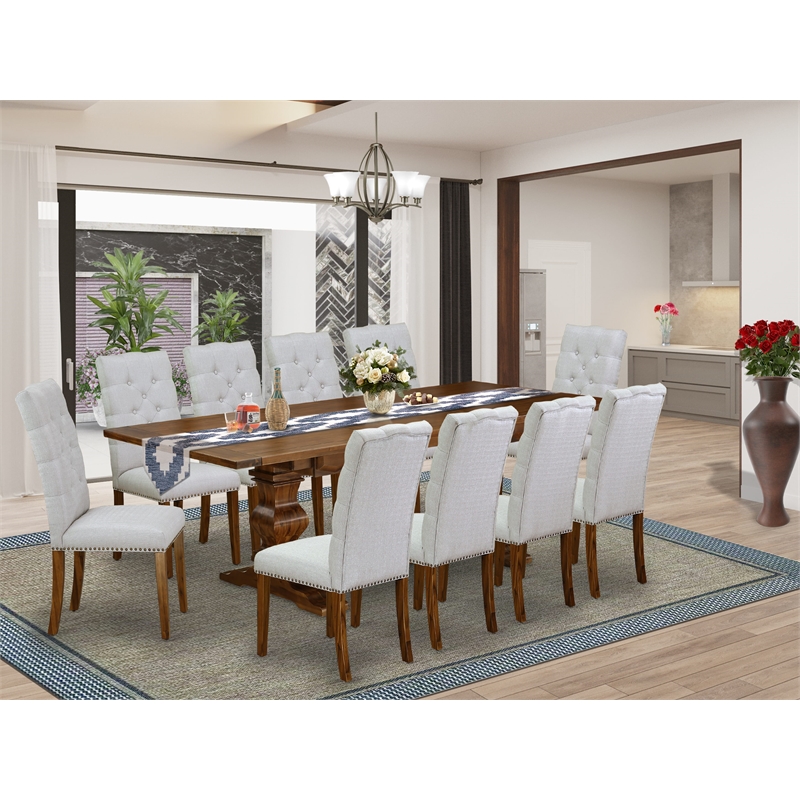 Pemberly Row 11-Piece Dining Table Set with Gray Chairs in Antique Walnut Finish