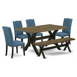 Pemberly Row 6-Piece Wood Dining Set in Wire Brushed Black/Blue Finish