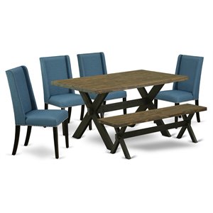 Pemberly Row 6-Piece Wood Dining Room Set with Linen Blue Parson Chairs