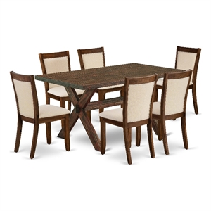 Pemberly Row 7 Pc Wood Dining Table Set with Beige Upholstered Chairs