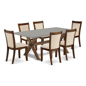 Pemberly Row Dining Table with 6 Beige Linen Chairs in Jacobean Finish
