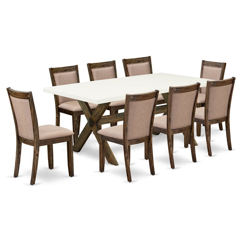 Pemberly Row 9-Piece Modern Dining Set with Rubberwood and Linen Upholstery