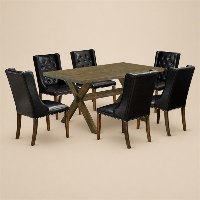 Pemberly Row 7-Piece Dining Set with Jacobean Table and Black Chairs