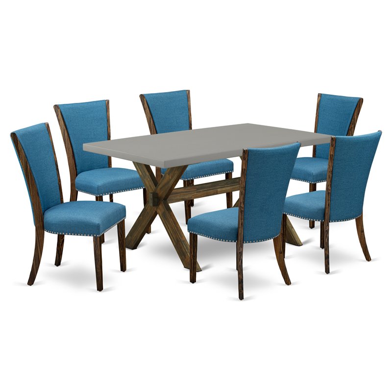 Pemberly Row 7-Piece Dining Set with Jacobean Brown Table and Blue Chairs