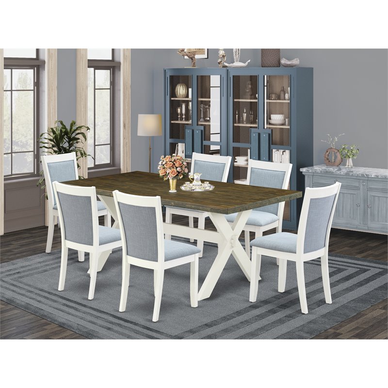 Pemberly Row 7-Piece Wood Dining Set with Linen Fabric Seats in Jacobean Finish