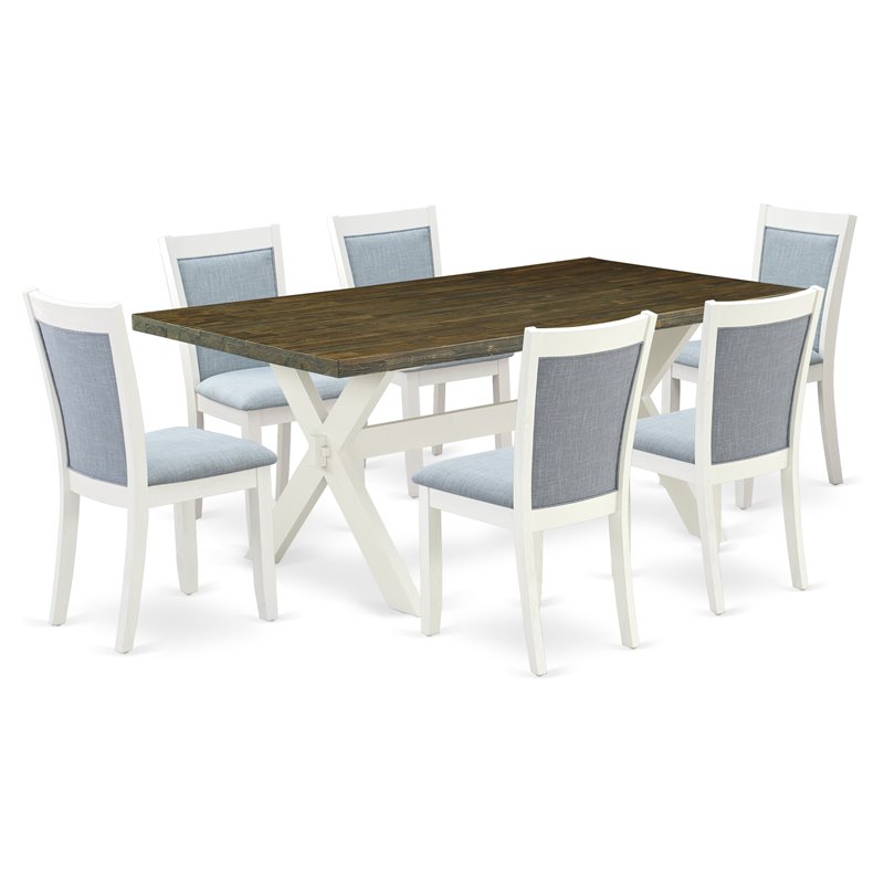 Pemberly Row 7-Piece Wood Dining Set with Linen Fabric Seats in Jacobean Finish