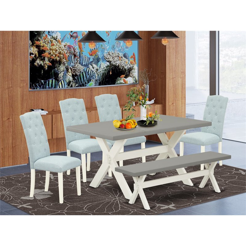 Pemberly Row 6-Piece Wood Kitchen Table Set with Bench in Linen White