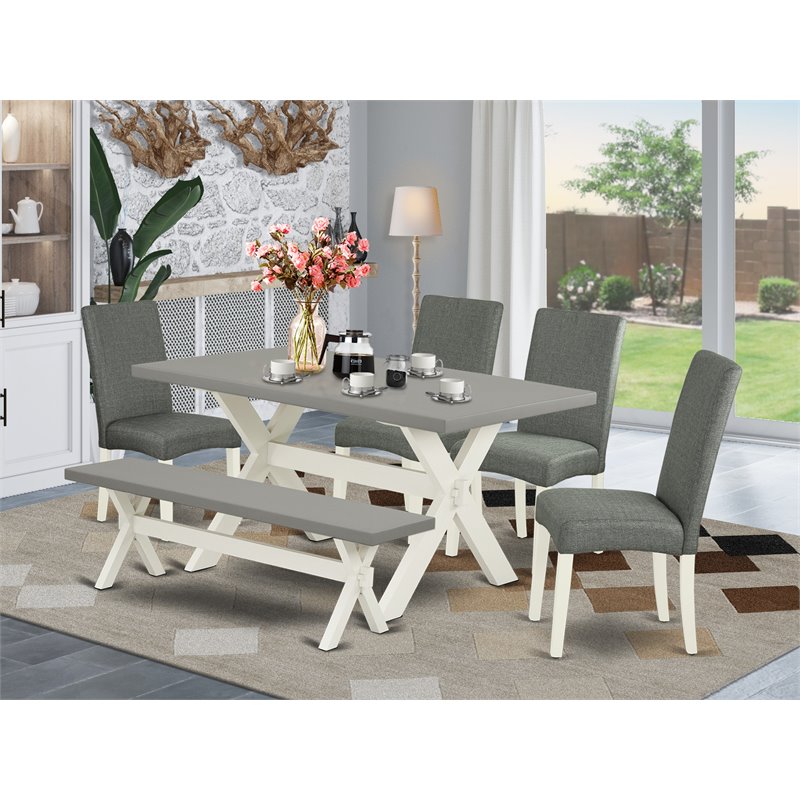 Pemberly Row 6-Piece Wood Dining Set with Bench in Linen White/Gray