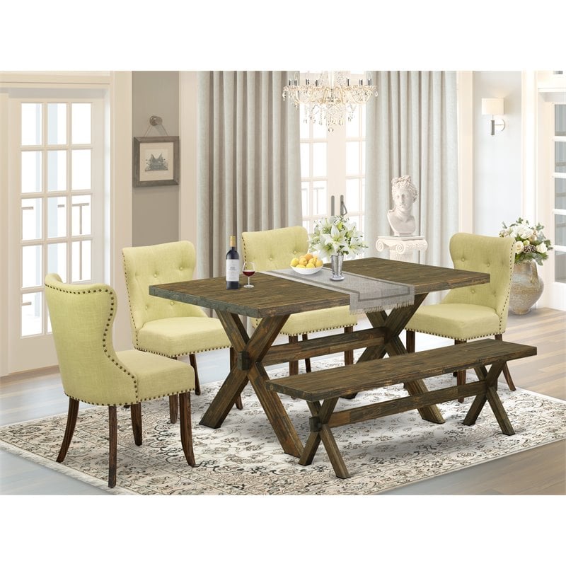 Pemberly Row Wood Dining Set with Upholstered Chairs and Bench in Jacobean Brown
