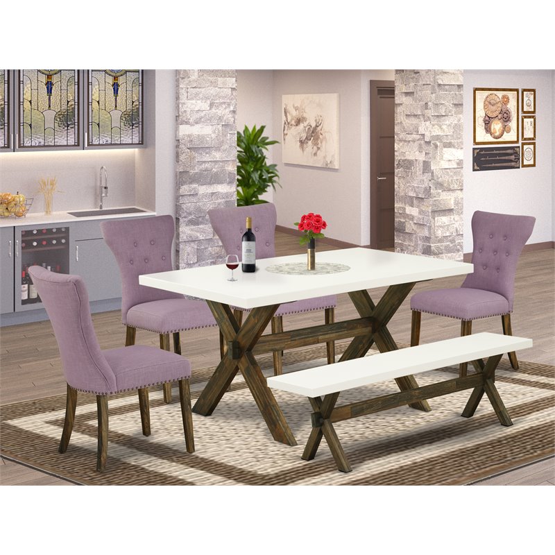 Pemberly Row 6-Piece Dining Set with Wood Table and Bench in Jacobean Brown