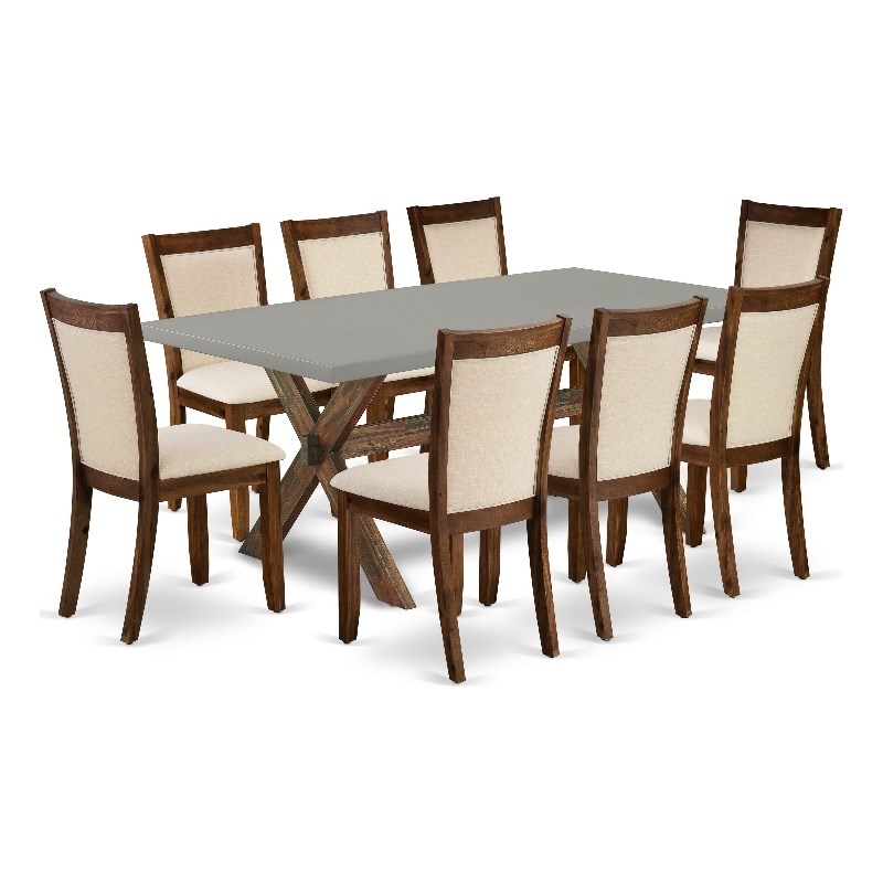 Pemberly Row 9-Piece Wooden Table Set with Light Beige Chairs in Cement