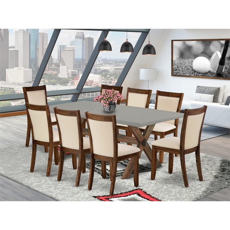 Pemberly Row 9-Piece Wooden Table Set with Light Beige Chairs in Cement