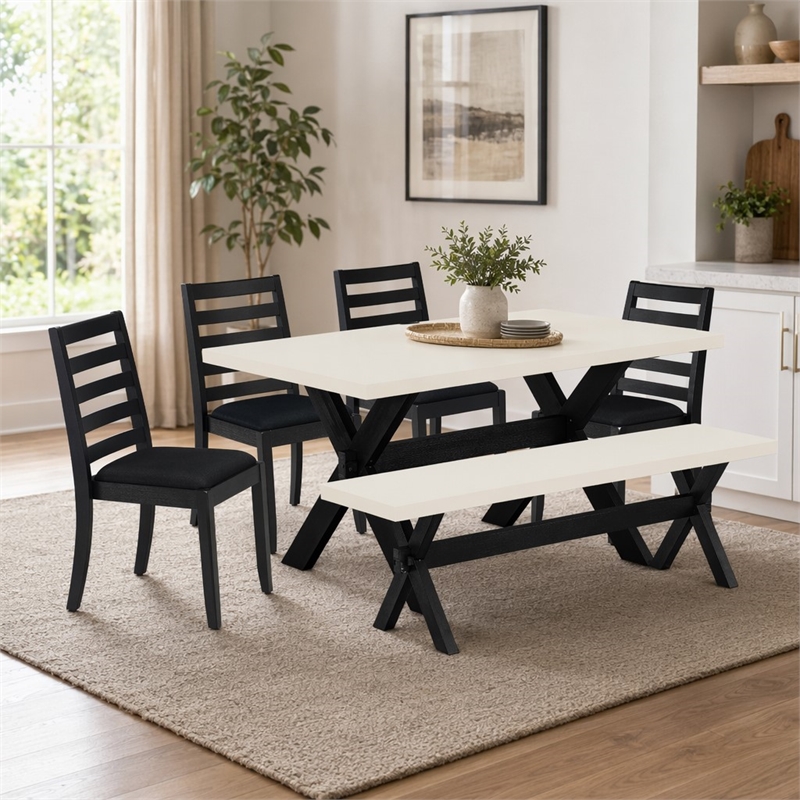 Pemberly Row 6-Piece Wood Kitchen Table Set in Linen White and Black