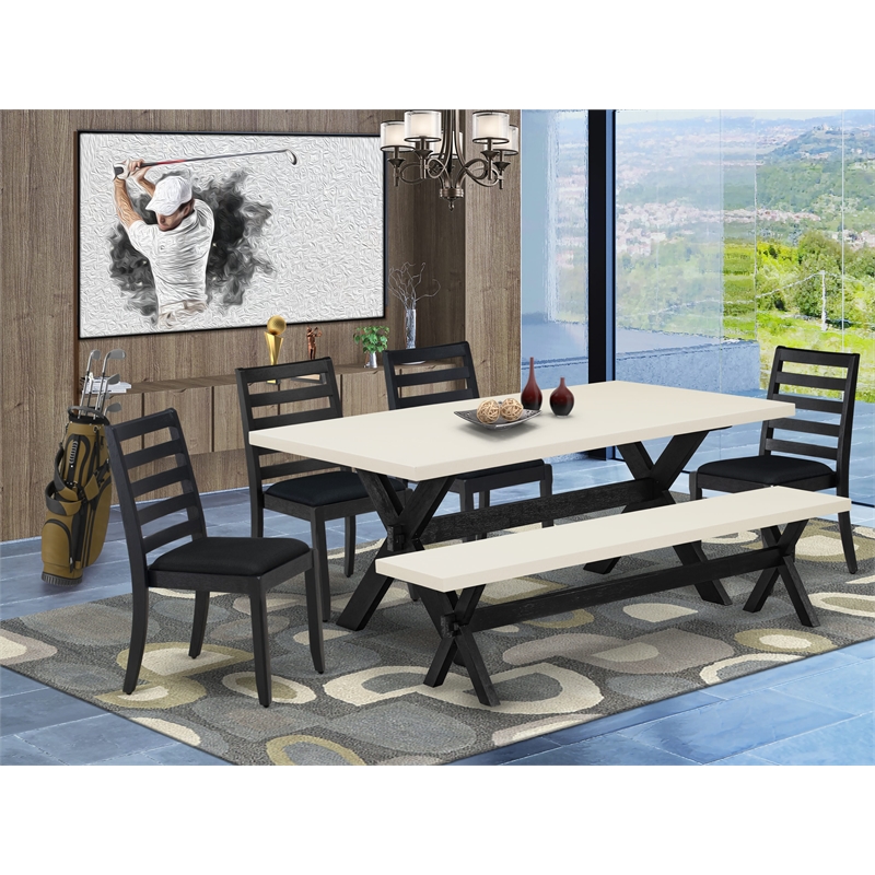 Pemberly Row 6-Piece Wood Kitchen Table Set with Bench in Linen White Finish