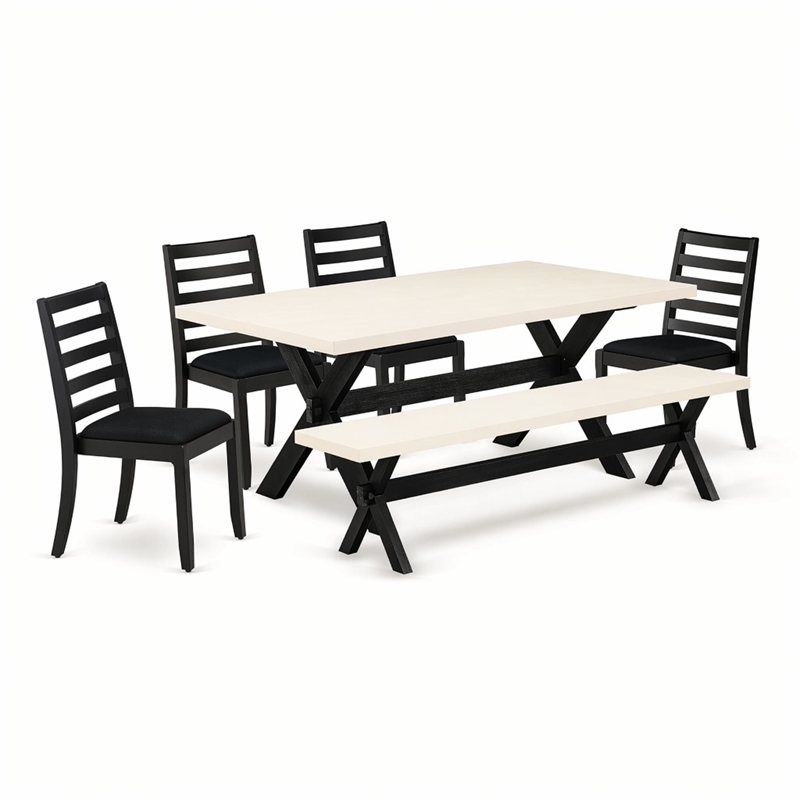 Pemberly Row 6-Piece Wood Kitchen Table Set with Bench in Linen White Finish